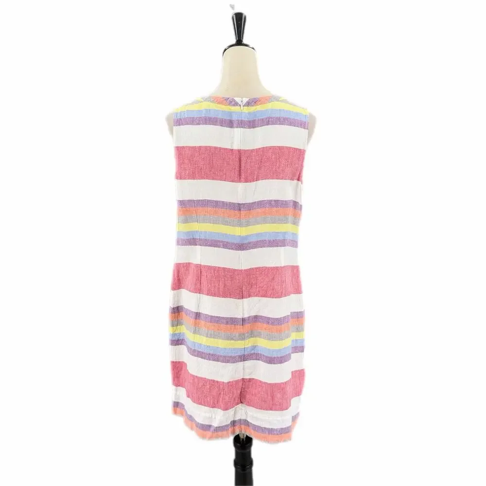 Boden White Multi Color Striped 100% Linen V-neck Sleeveless Shift Summer Dress